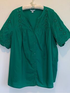 Croft & Barrow Green Eyelet Button-Up Blouse Summer Cotton